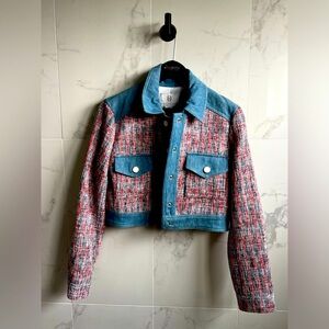 House of Harlow 1960 tweed and denim cropped jacket NWT, gold and pearl button S